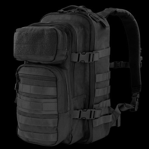 The Condor Compact Assault Backpack Gen II 24L is a black tactical pack featuring multiple zippered compartments, adjustable straps, side buckles, and MOLLE webbing—ideal for EDC or range trips.